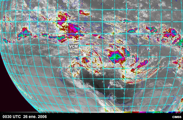 Vórtice convectivo de mesoescala visible en imágenes satelitales infrarrojas captadas sobre Australia el 26-29 de enero de 2006.