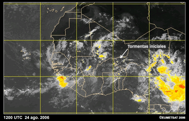 Conglomerado tropical sin línea de turbonada en una imagen IR realzada de Meteosat captada el 24 de agosto de 2006.