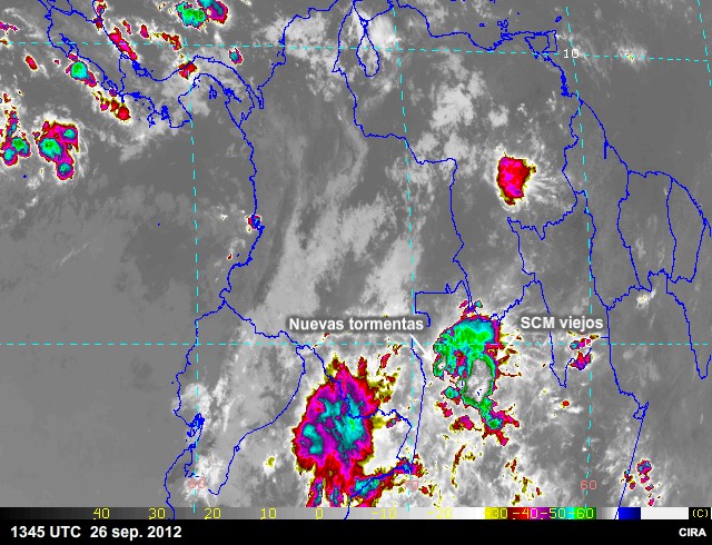 Líneas de turbonada y otros SCM visibles en imágenes satelitales infrarrojas captadas sobre Sudamérica el 26-27 de septiembre de 2012.