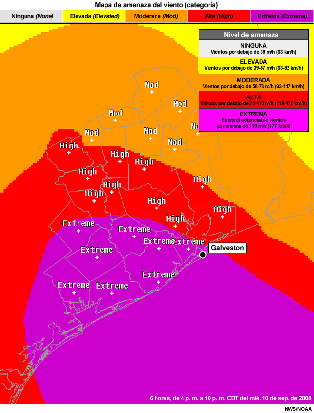 Mapa de amenaza del viento correspondiente a la advertencia 39 del huracán Ike.