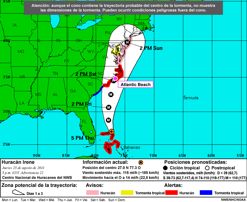 Cono de pronóstico a tres días de la advertencia 22 del huracán Irene.