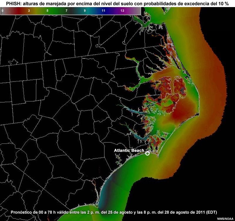 PHISH acumulativo (sobre el nivel del suelo): probabilidad de excedencia del 10 % para el huracán Irene (2011).