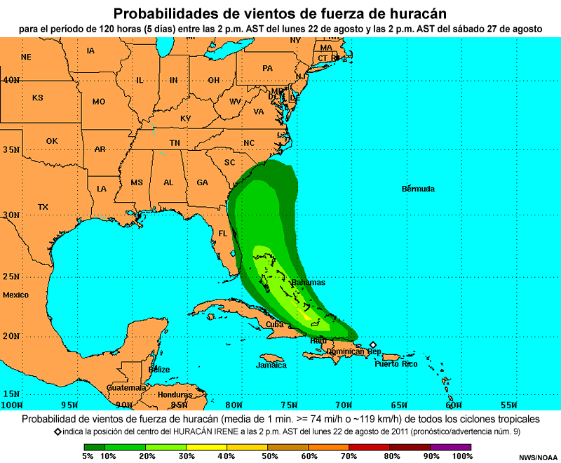 Probabilidad de vientos de fuerza de huracán del boletín de advertencia núm. 9 para el huracán Irene (2011).