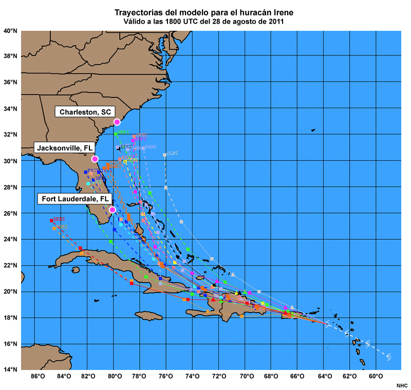Pronóstico de trayectoria del NHC (línea negra) para el huracán Irene a intervalos de 6 horas a partir de las 1800 UTC del 21 de agosto de 2011.