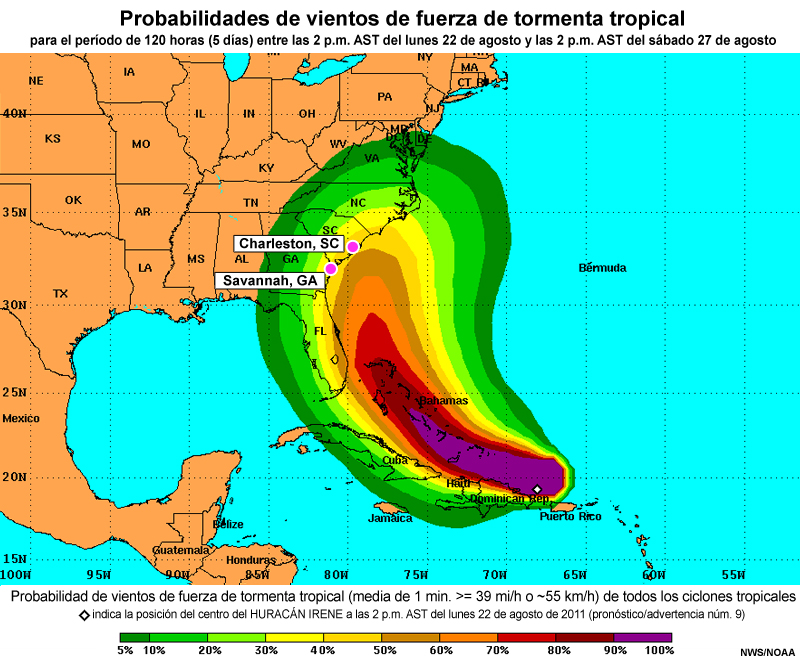 Probabilidad de vientos de fuerza de tormenta tropical del boletín de advertencia núm. 9 para el huracán Irene (2011).