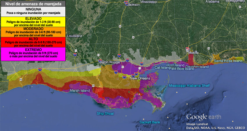 Potencial de inundaciones costeras en la región de Nueva Orleans, Luisiana.