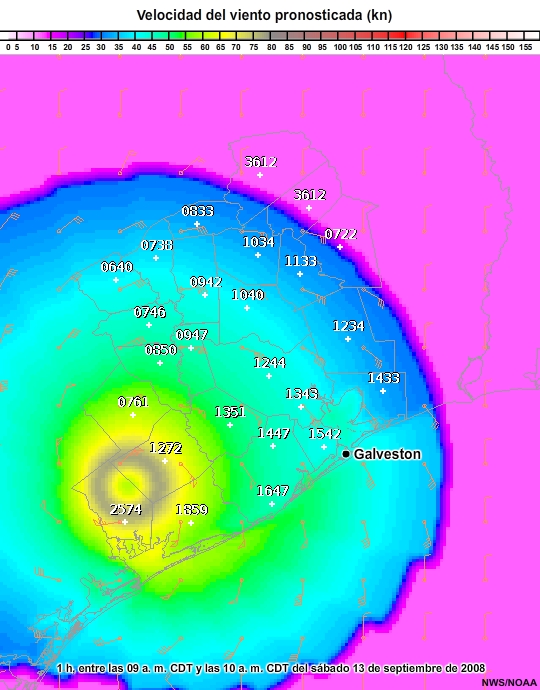 Pronósticos horarios de intensidad del viento del boletín de advertencia núm. 39 para el huracán Ike.