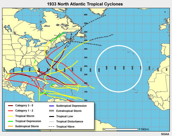 The map of observed tracks from 1933 shows that no tracks were recorded in the eastern third of the basin.