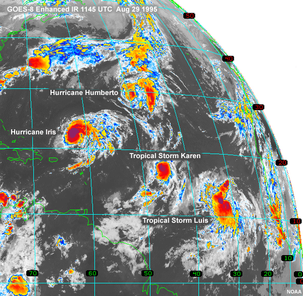 1995 North Atlantic Hurricane Iris and Tropical Storm Karen