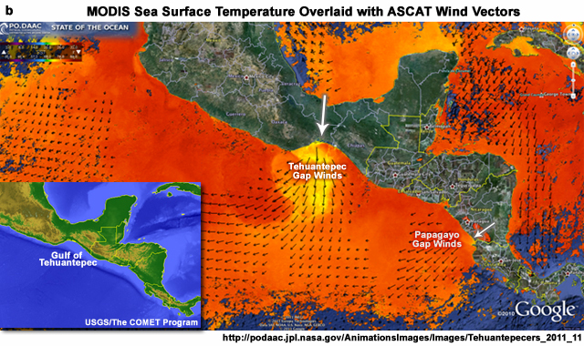 MODIS sea surface temperature overlaid with ASCAT surface wind vectors on 12 Nov 2011