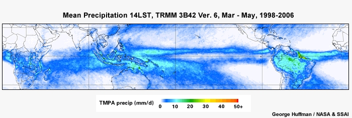 Mean Precip 14LST, TRMM Mar - May, 1998-2006