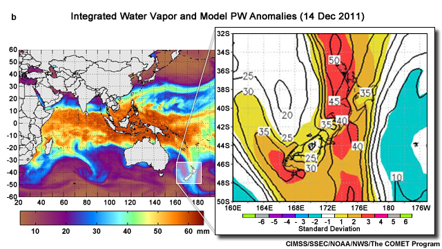 Satellite image of precipitable water (PW) anomalies on 14 Dec 2011. Inset shows corresponding analysis of PW and standard deviation from normal over New Zealand