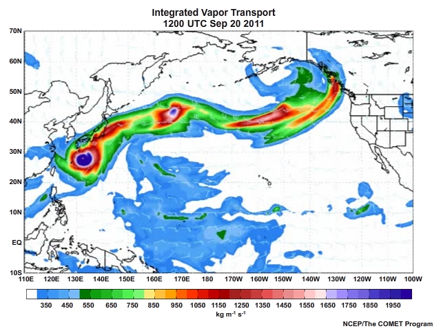 Integrated water vapor from model analysis showing tropical cyclones including one in extratropical transition within an AR