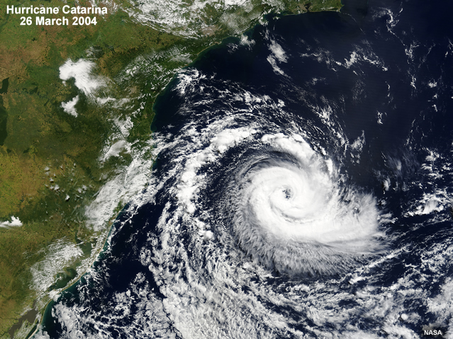 Tropical Cyclone Catarina on 26 Mar 2004. At this time, Catarina was estimated to have surface winds of 35 m s-1 (70 knots; Category 1 on the Saffir-Simpson scale).