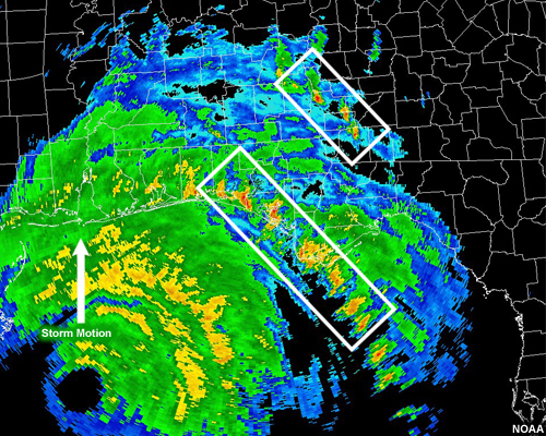 Supercell thunderstorms, embedded in the rainbands of Hurricane Ivan as they move inland, create the likelihood of tornadoes. Notice the hooked shape of the echoes to the northeast of the eye