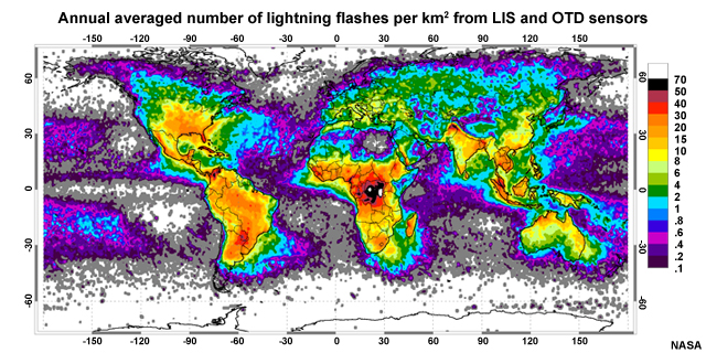 Annual averaged number of lightning flashes per km2 from merged TRMM Lightning Imaging Sensor (LIS) on the TRMM satellite and Optical Transient Detector (OTD) gridded data.