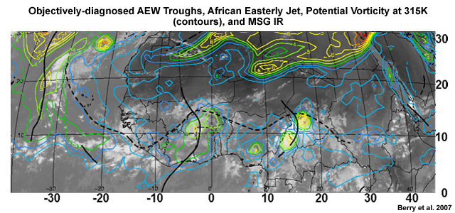 Objectively diagnosed AEW troughs the AEJ overlaid on PV analysis at 315K and Meteosat IR image