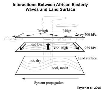 Schematic of the interactions between African easterly waves and land surface temperature and moisture anomalies