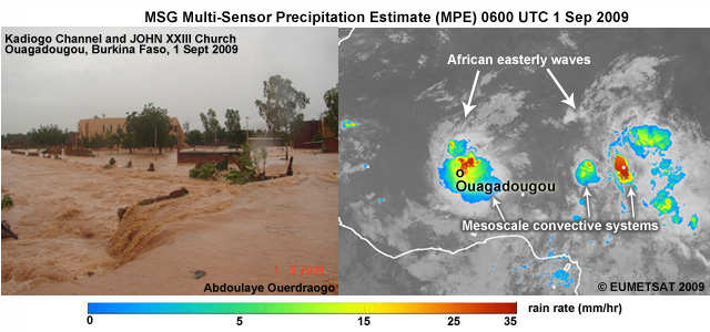Meteosat Multisensor Precipitation Estimate (MPE) and (b) Photograph of flooding in Ouagadougou, Burkina Faso on 1 Sep 2009.