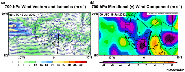(a) Vector winds and isotachs (b) meridional wind (m s-1) at 700 hPa. Wave trough is marked by black dashed line.