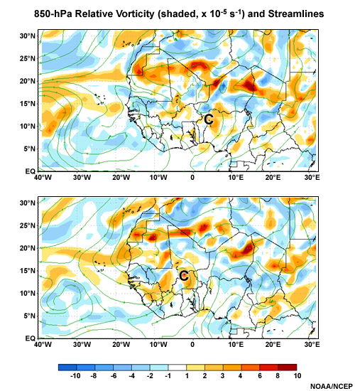 Relative vorticity and streamlines at 850 hPa; C marks the wave trough.