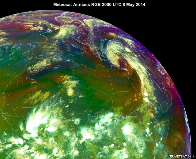 Meteosat Airmass RGB, 2000 UTC 8 May to 1800 UTC 9 May 2014.