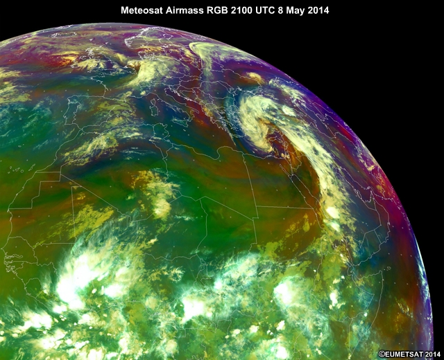 Meteosat Airmass RGB 2100 UTC 9 May 2014