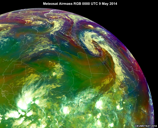 Meteosat Airmass RGB 0000 UTC 9 May 2014