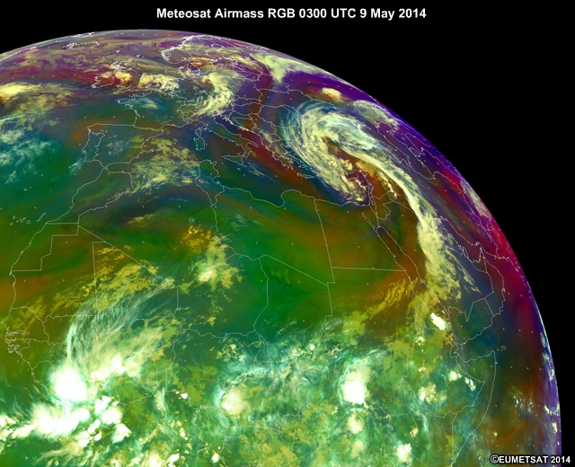 Meteosat Airmass RGB 0300 UTC 9 May 2014