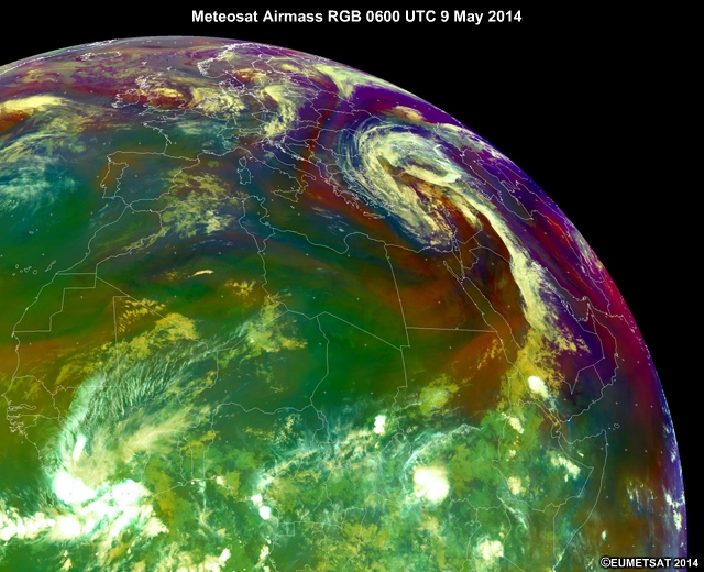 Meteosat Airmass RGB 0600 UTC 9 May 2014