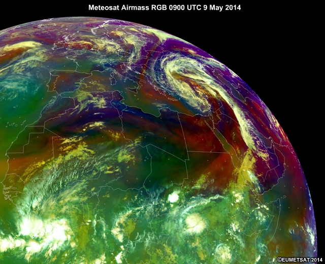 Meteosat Airmass RGB 0900 UTC 9 May 2014