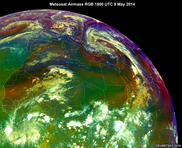 Meteosat Airmass RGB 1800 UTC 9 May 2014