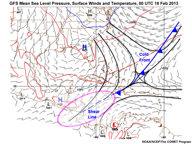 GFS Mean Sea Level Pressure, Surface Winds and Temperature, 00 UTC 18 Feb 2013