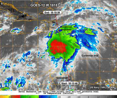 Orbit segment overlaid on GOES enhanced-IR image