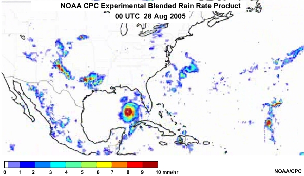NOAA CPC Rain Rate Product 28 Aug, 2005 0000 UTC