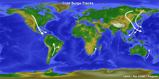 Tracks of frequent cold surges around the globe