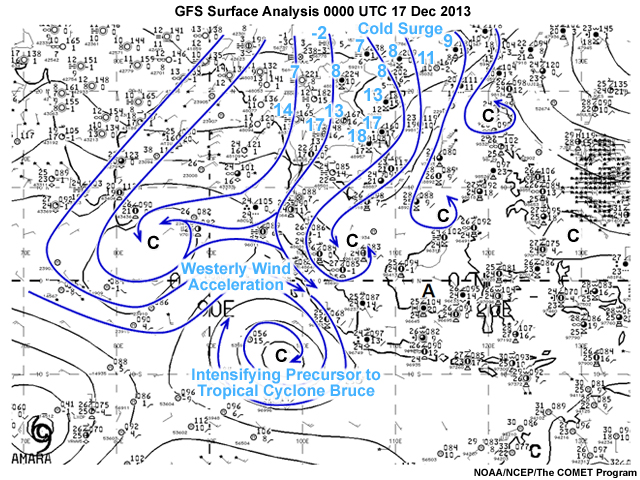 GFS Surface Analysis at 0000 UTC 17 Dec 2013 showing cold surge over Southeast Asia, westerly wind accelerations along the equator, and genesis of Tropical Cyclone Bruce