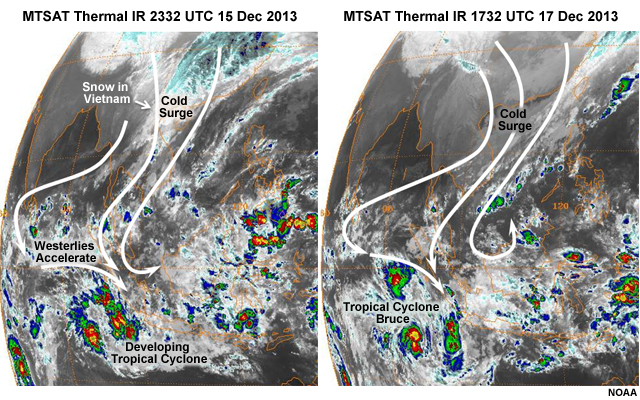 MTSAT thermal IR at 2332 UTC 15 Dec and 1732 UTC 17 Dec 2013 showing the areas blanketed by snow, the direction of the cold surge, and developing tropical cyclone.