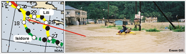 (a) Tracks of Tropical Storms Isidore and Lili (2002), (b) flooding in Maggotty, southwestern Jamaica, 30 Sep 2002.