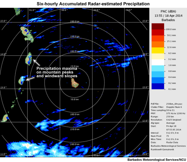Accumulated precipitation (six-hourly) from Barbados radar at 0755 UTC 18 April 2014. Notice the areas of precipitation aligned with the mountain peaks of the islands of St. Vincent, St. Lucia, and Martinique