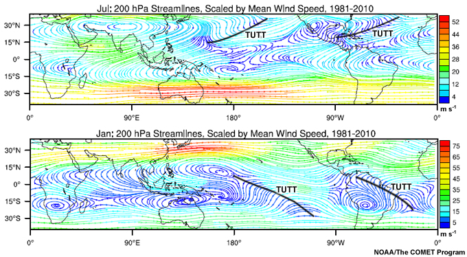 July and January mean 200 hPa streamlines and wind speed (m s-1) for 1981-2010. Thick black lines mark the TUTTs.