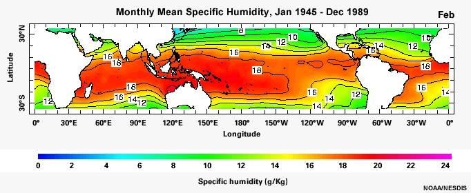 Monthly Mean Specific Humidity, Jan 1945 - Dec 1989
