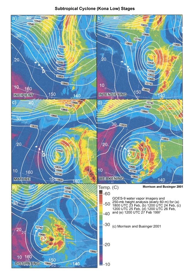 250-hPa height analysis and enhanced IR water vapor imagery associated with a subtropical cyclone over the north Pacific, 24-28 Feb 1997.