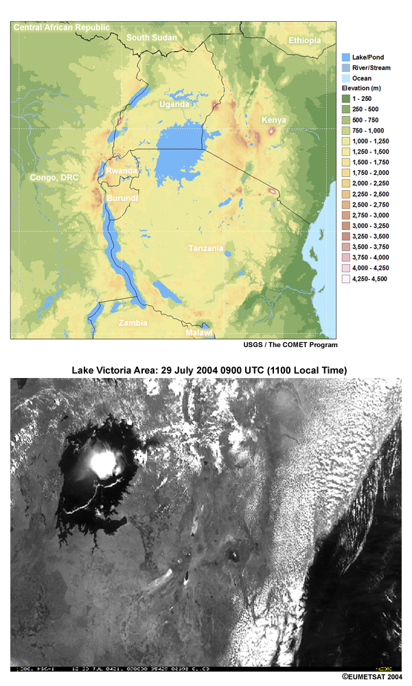 Digital elevation map (m) of Lake Victoria region and example of thunderstorm and outflow generated by thermal circulations