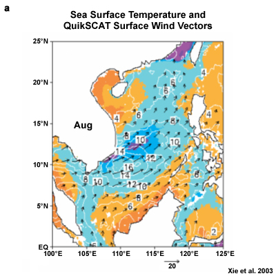 (a) Advanced Very High Resolution Radiometer (AVHRR) SST climatology for August (color shade in C), along with QuikSCAT surface wind vectors and magnitude (contours)