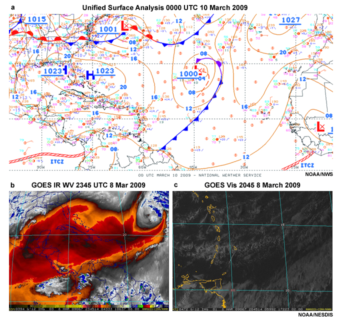 (a) Enhanced Unified surface analysis 0000 UTC 10 March 2009 and related (b) GOES enhanced IR water vapor image 2345 UTC 8 Mar 2009 (c) GOES visible image 2045 UTC 8 March 2009