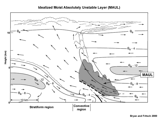 Idealized cross section through slab convective overturning. Flow vectors are system-relative, scalloped lines indicate cloud boundaries, solid lines are θe contours every 4 K (thin dashed line is an intermediate contour and heavy dashed line marks axis of highest values), heavy solid line indicates outflow boundary or frontal zone, light shading highlights midlevel layer of low θe air, and dark shading depicts the MAUL.