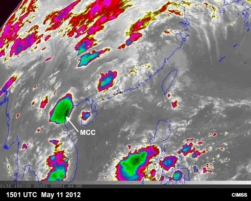 MTSAT enhanced IR image showing mature MCC over southeast Asia at 1501 UTC 11 May 2012