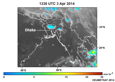 Meteosat MPE (satellite estimated precipitation rate) for 1330 UTC 3 Apr - 0130 UTC 4 Apr 2014 showing mesoscale convective systems that produced heavy rain, hail, gusty winds and prematurely ended the 2014  International Cricket Council (ICC) World Twenty-20 semifinals between the West Indies and Sri Lanka.