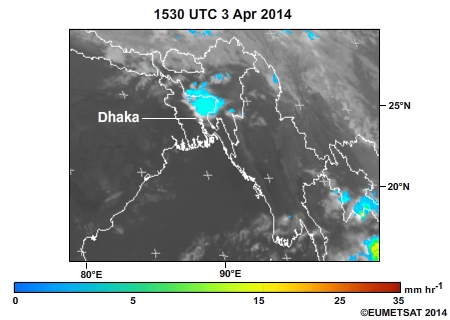 Meteosat MPE image of MCS over Bangladesh that produced heavy rain, gusty winds, and hail and prematurely ended the semifinals of the International Cricket Council World Twenty20 Cricket, 3 April 2014